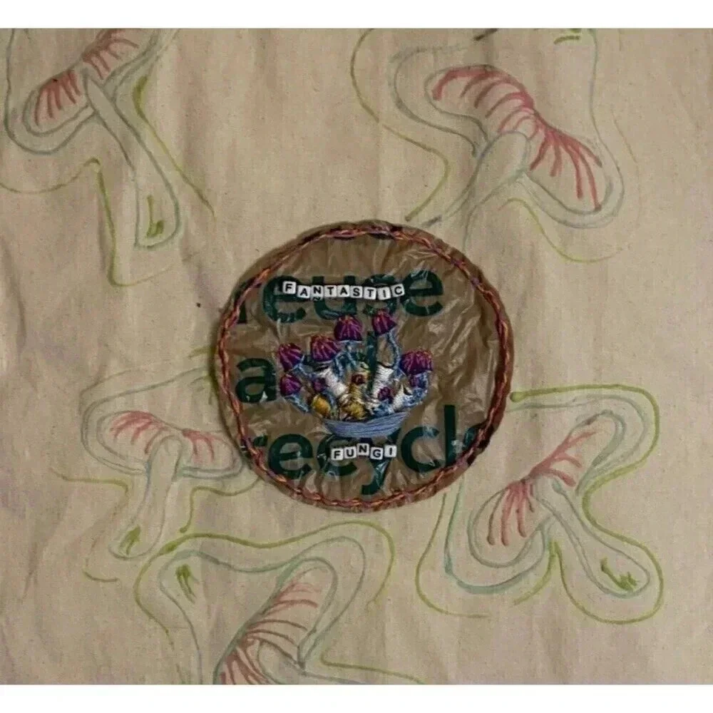 Handmade Embroidered Mushroom Market Tote Bag Fantastic Fungi Up cycle Mycelium